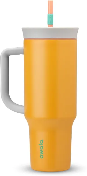 Stainless Steel Triple Layer Insulated Travel Tumbler with Spill Resistant Lid, Straw, and Carry Handle, BPA Free, 40 oz, Orange (Tropical)