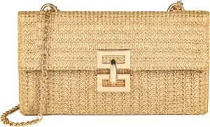 Straw Chain Clutch Purses for Women Ladies Woven Envelope Handbag Shoulder Crossbody Beach Bag