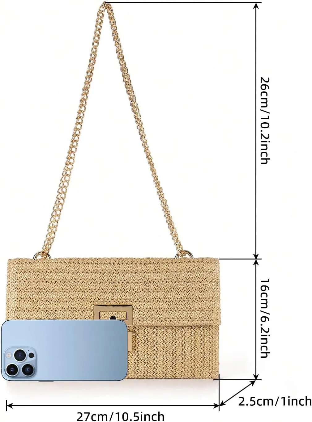Straw Chain Clutch Purses for Women Ladies Woven Envelope Handbag Shoulder Crossbody Beach Bag