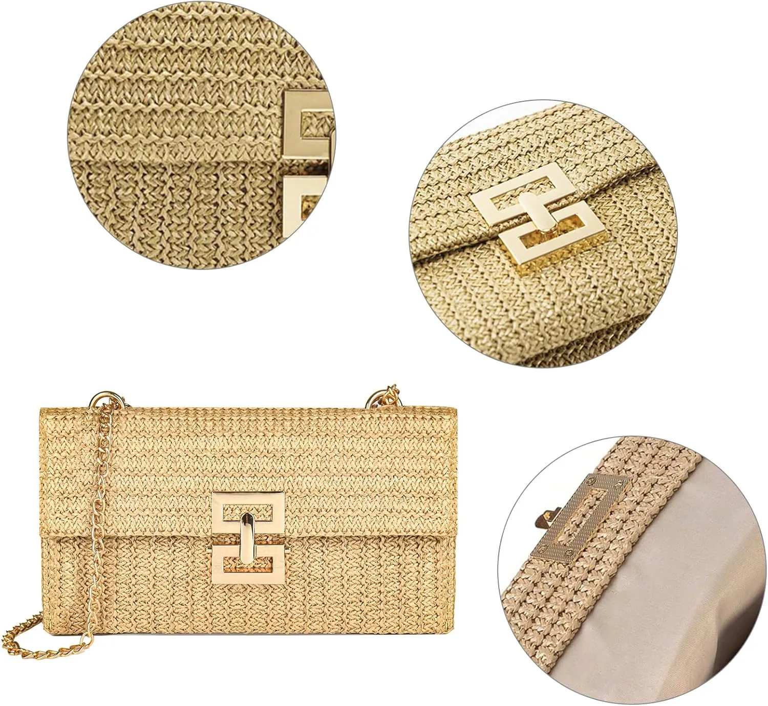 Straw Chain Clutch Purses for Women Ladies Woven Envelope Handbag Shoulder Crossbody Beach Bag