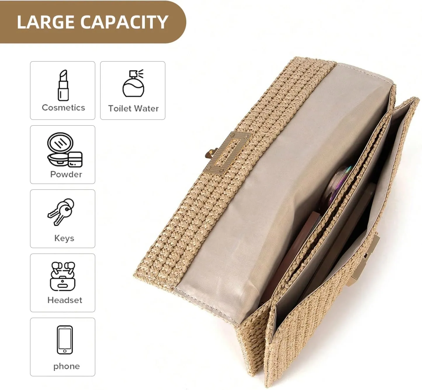 Straw Chain Clutch Purses for Women Ladies Woven Envelope Handbag Shoulder Crossbody Beach Bag