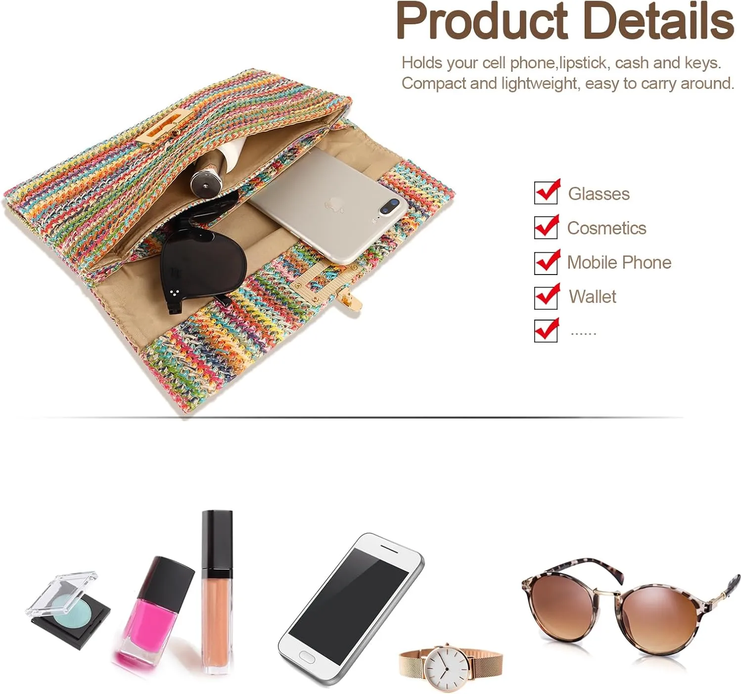 Straw Clutch Purse Crossbody Bag for Women Designer Evening Handbag Casual Summer Beach Straw Shoulder Bag
