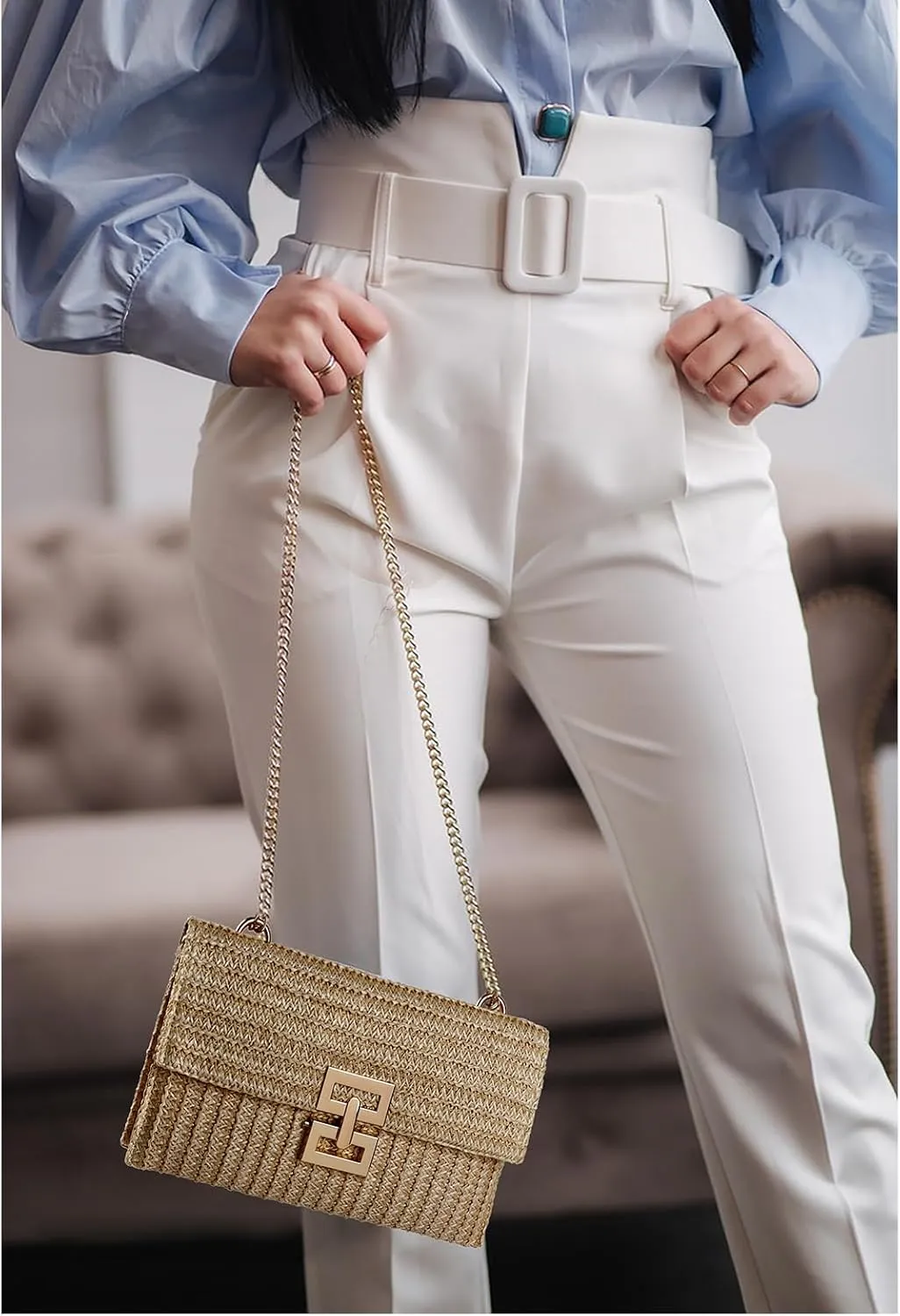 Straw Clutch Purse Crossbody Bag for Women Designer Evening Handbag Casual Summer Beach Straw Shoulder Bag