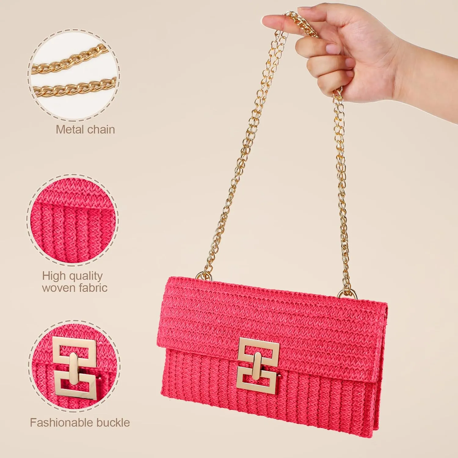 Straw Clutch Purse Crossbody Bag for Women Designer Evening Handbag Casual Summer Beach Straw Shoulder Bag