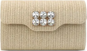 Straw Clutch Purse for Women,Rhinestone Evening Handbag Summer Beach Woven Purse Vacation Rattan Handbags 2025
