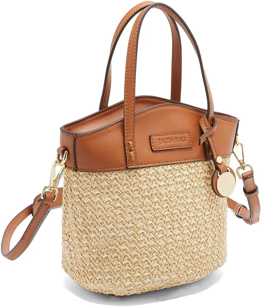 Straw Crossbody Bag, Women Bucket Shoulder Top Handle Purse, Ladies' Handmade Woven Bucket Bag