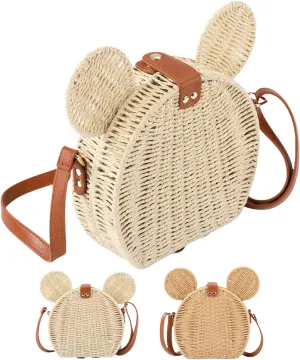 Straw Crossbody Bags for Women Trendy Beach Summer Cute Mouse Ear Handmade Rattan Shoulder Woven Clutch Purse Vacation