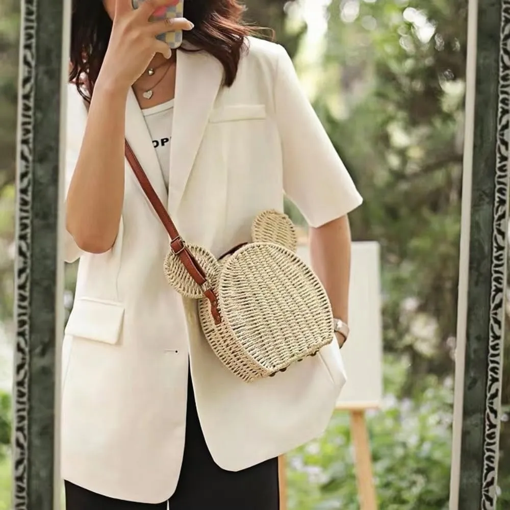 Straw Crossbody Bags for Women Trendy Beach Summer Cute Mouse Ear Handmade Rattan Shoulder Woven Clutch Purse Vacation