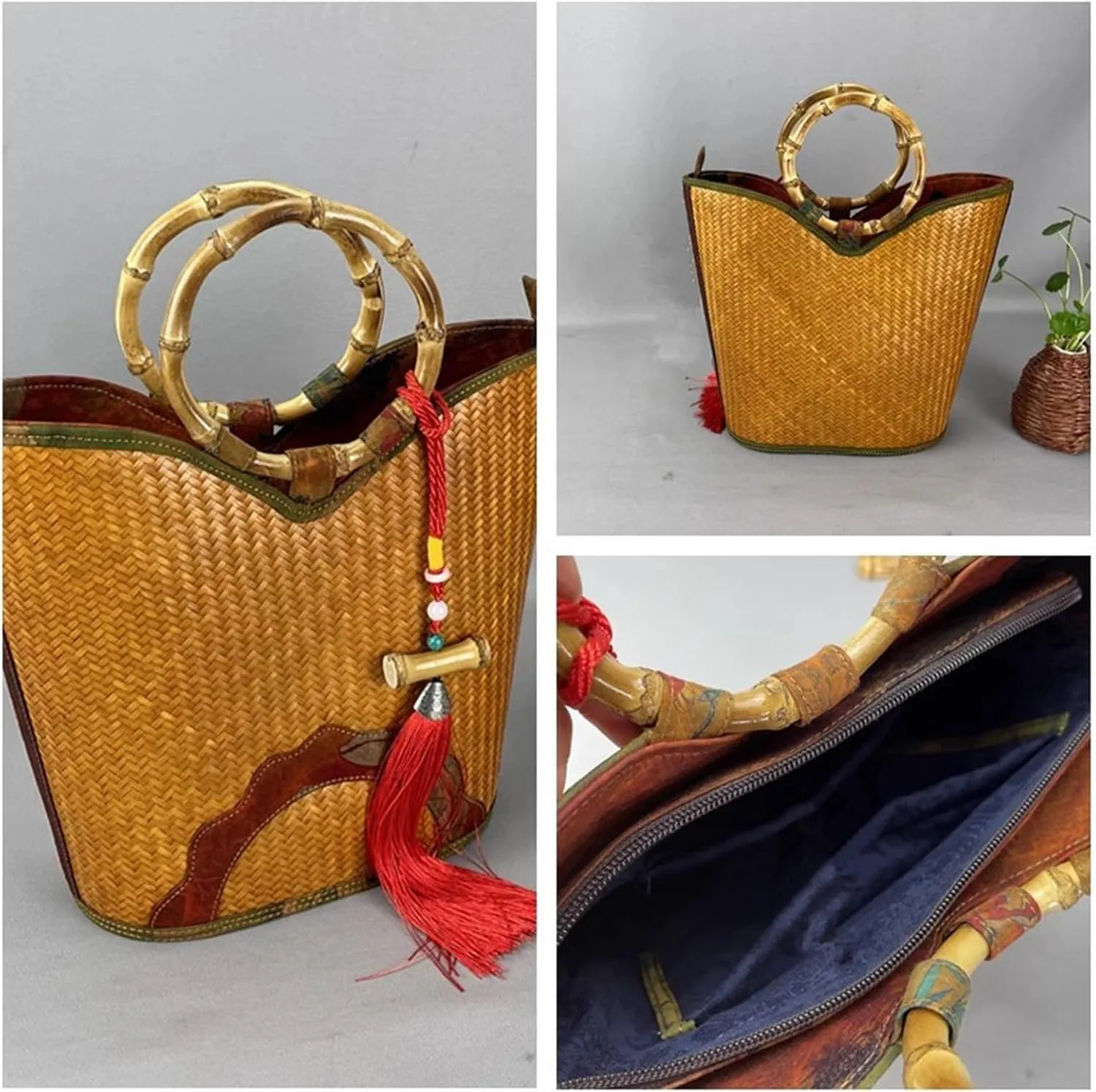STRAW HANDBAG 3-Women's Straw Woven Retro Shoulder Bag Rattan Bamboo Handbag With Inner Bag Drawing Crossbody Bags