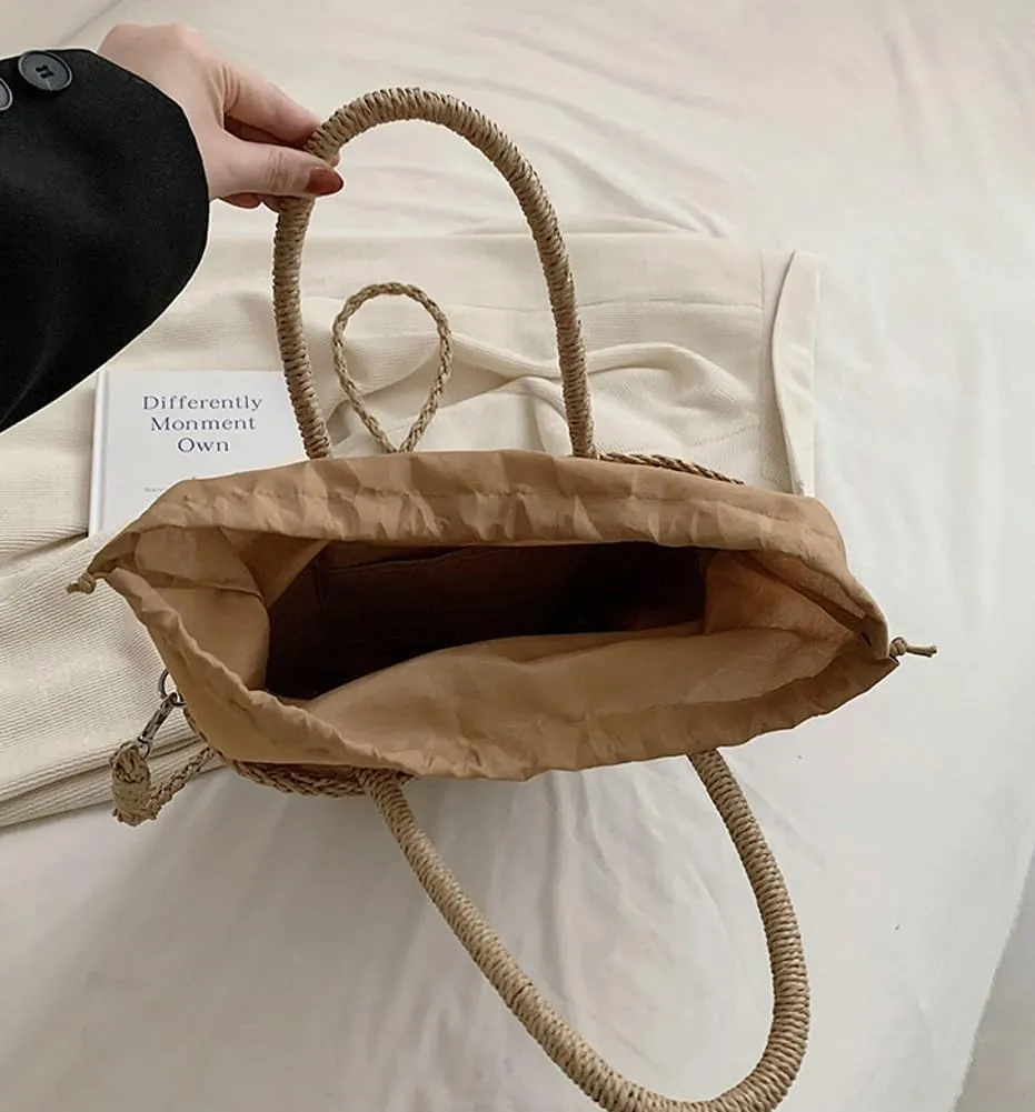 Straw Handbag Tote Bag for Women Summer Beach Drawstring Rattan Crossbody Bucket Bag Handmade Woven Hobo Purse