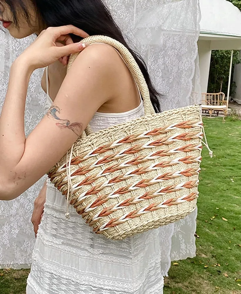 Straw Handbag Tote Bag for Women Summer Beach Drawstring Rattan Crossbody Bucket Bag Handmade Woven Hobo Purse
