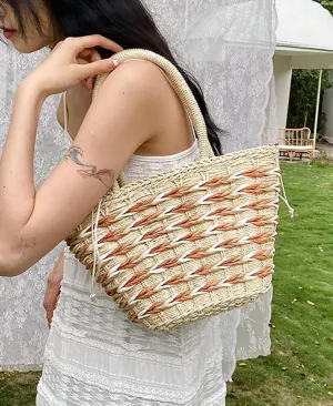Straw Handbag Tote Bag for Women Summer Beach Drawstring Rattan Crossbody Bucket Bag Handmade Woven Hobo Purse