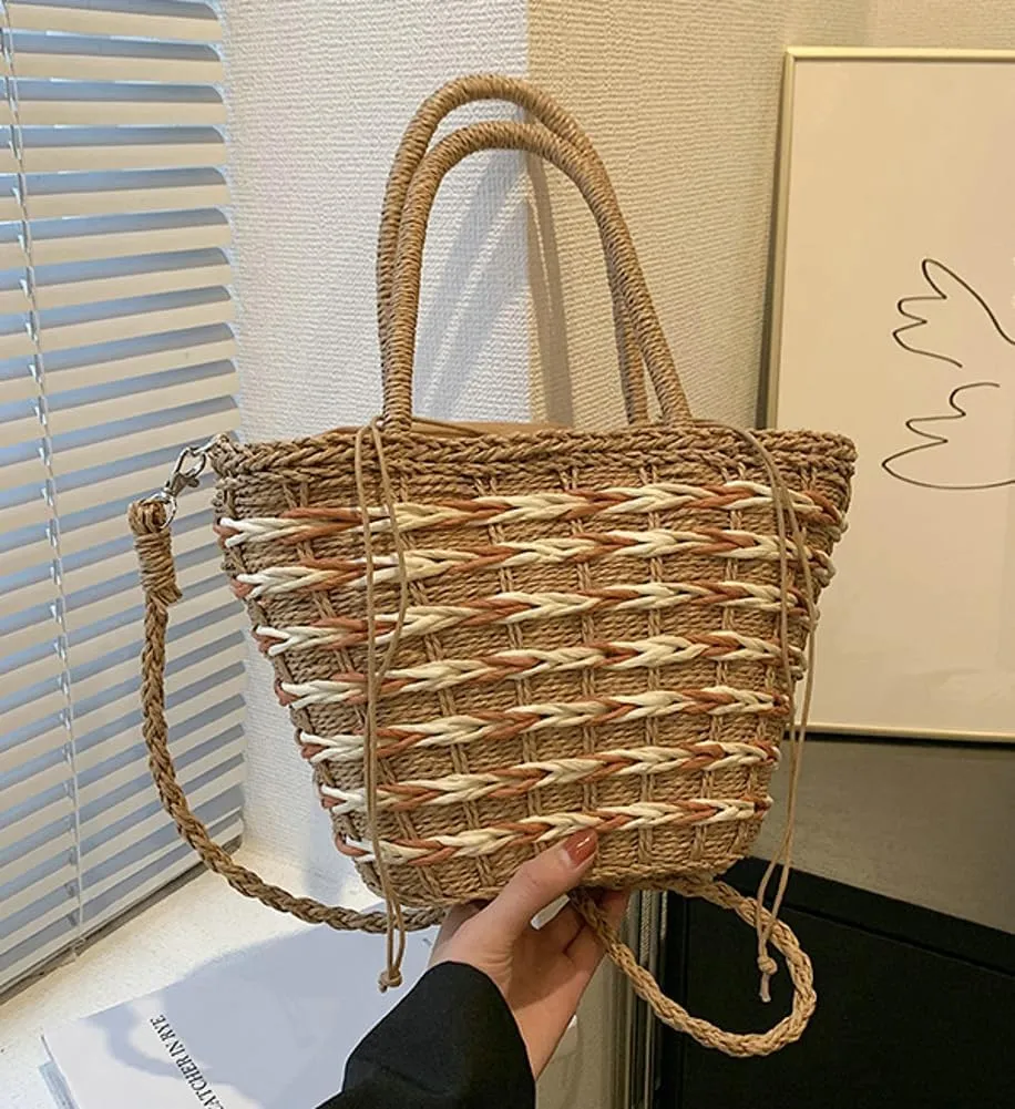 Straw Handbag Tote Bag for Women Summer Beach Drawstring Rattan Crossbody Bucket Bag Handmade Woven Hobo Purse