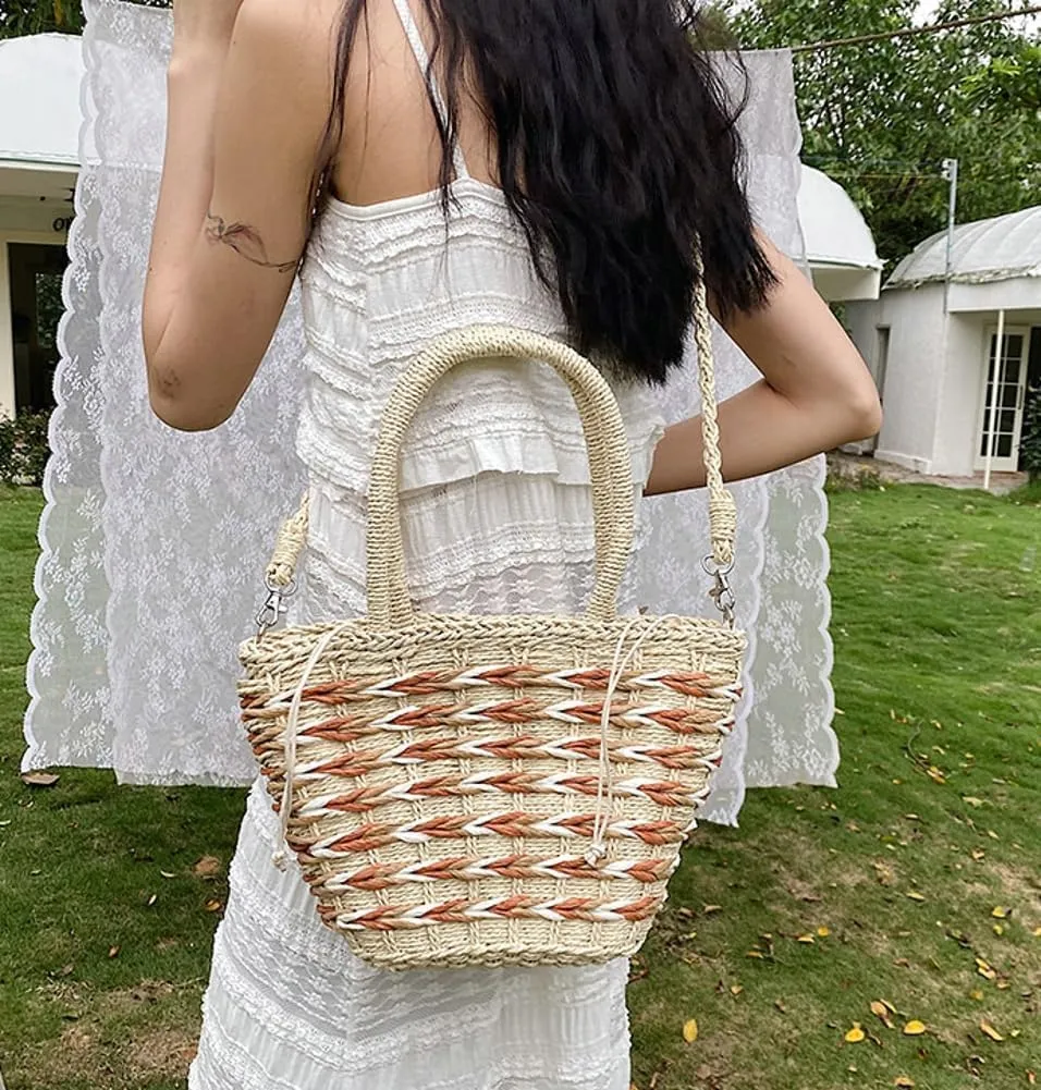 Straw Handbag Tote Bag for Women Summer Beach Drawstring Rattan Crossbody Bucket Bag Handmade Woven Hobo Purse