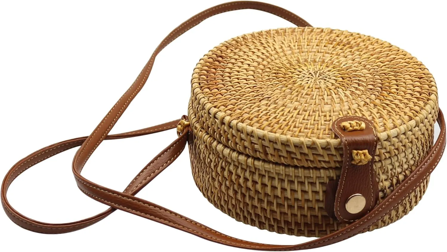 Straw Purse Round 7.9x7.9x3.1in with Shoulder Straps Summer Wicker Rattan Woven Crossbody Purse Beach Bags for Women, Straw Crossbody Bag