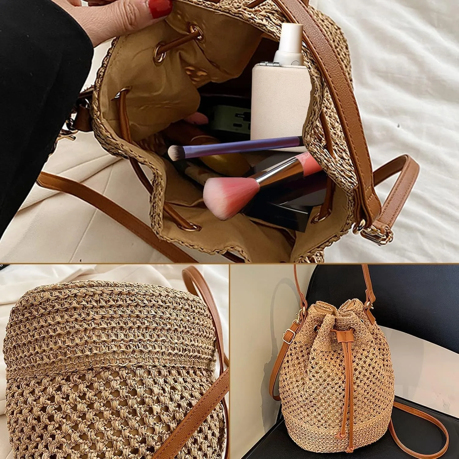 Straw Woven Shell Shape Tote Bag, Rattan Shoulder Bag Summer Beach Crossbody Purse Handbag for Women Travel