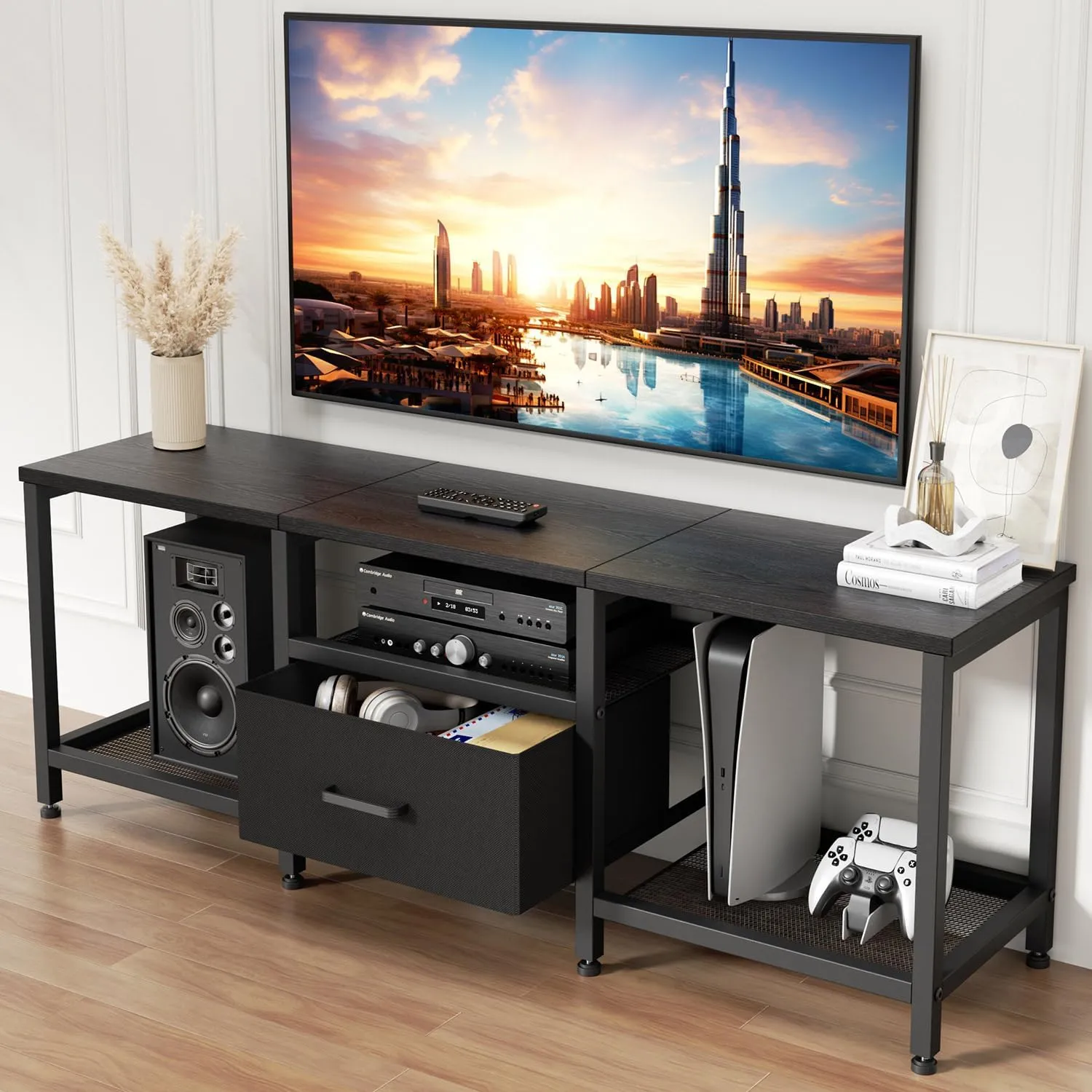 Stylish Television Stand with Fabric Storage Drawer for TV up to 55 Inches,Extra Strong Load Bearing,TV Media Console Table with Open Storage Shelves for Living Room, Bedroom,Home Office