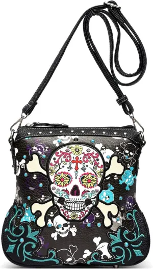 Sugar Skull Day of the Dead Cross Bone Rock Metallic Purse Skeleton Leather Purse Women Crossbody Handbag Shoulder Bag