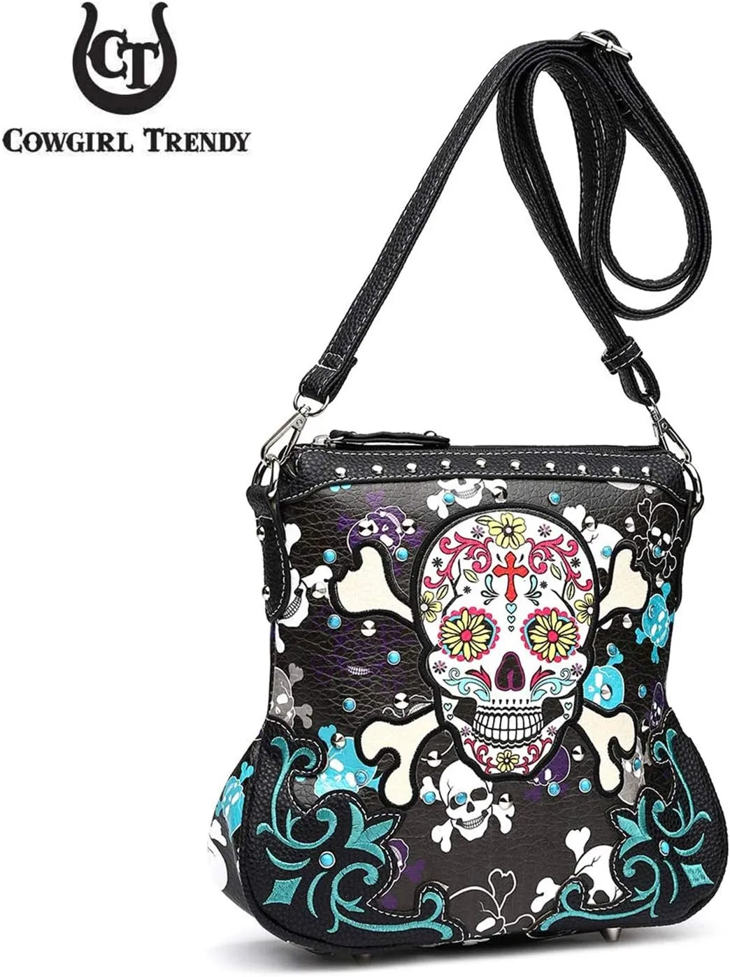 Sugar Skull Day of the Dead Cross Bone Rock Metallic Purse Skeleton Leather Purse Women Crossbody Handbag Shoulder Bag