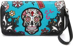 Sugar Skull Western Cross Clutch Wallet Day of the Dead Wristlet Purse Calavera