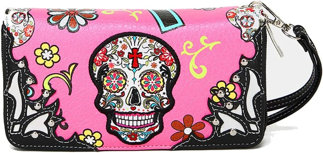 Sugar Skull Western Cross Clutch Wallet Day of the Dead Wristlet Purse Calavera