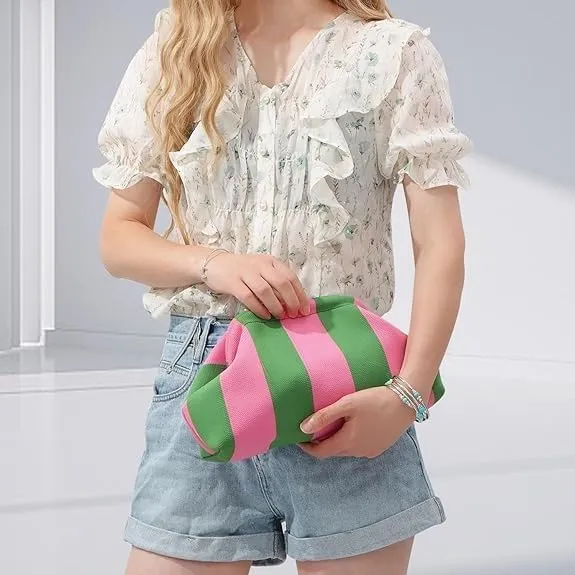 Summer Beach Clutch Purses for Women Woven Crochet Handbags Dumpling Clutch Ruched Cloud Purse Casual Colorblock Bag