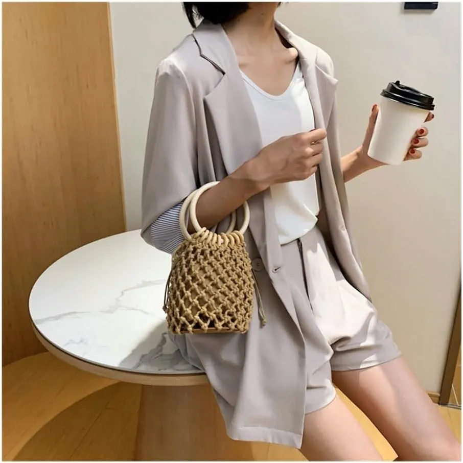 Summer Straw Woven Beach Bag Rattan Ladies Purses Handbag Wrist Pack Women Handle Female Bucket Tote Bags Knit Travel Bags