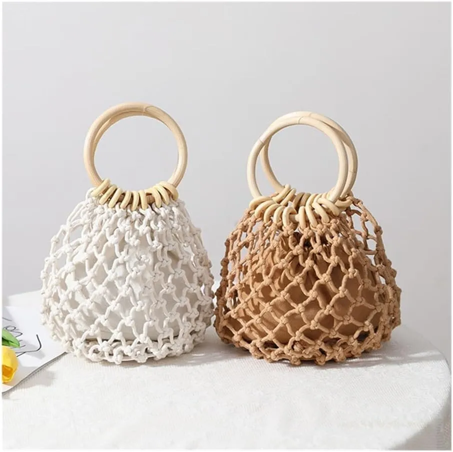Summer Straw Woven Beach Bag Rattan Ladies Purses Handbag Wrist Pack Women Handle Female Bucket Tote Bags Knit Travel Bags