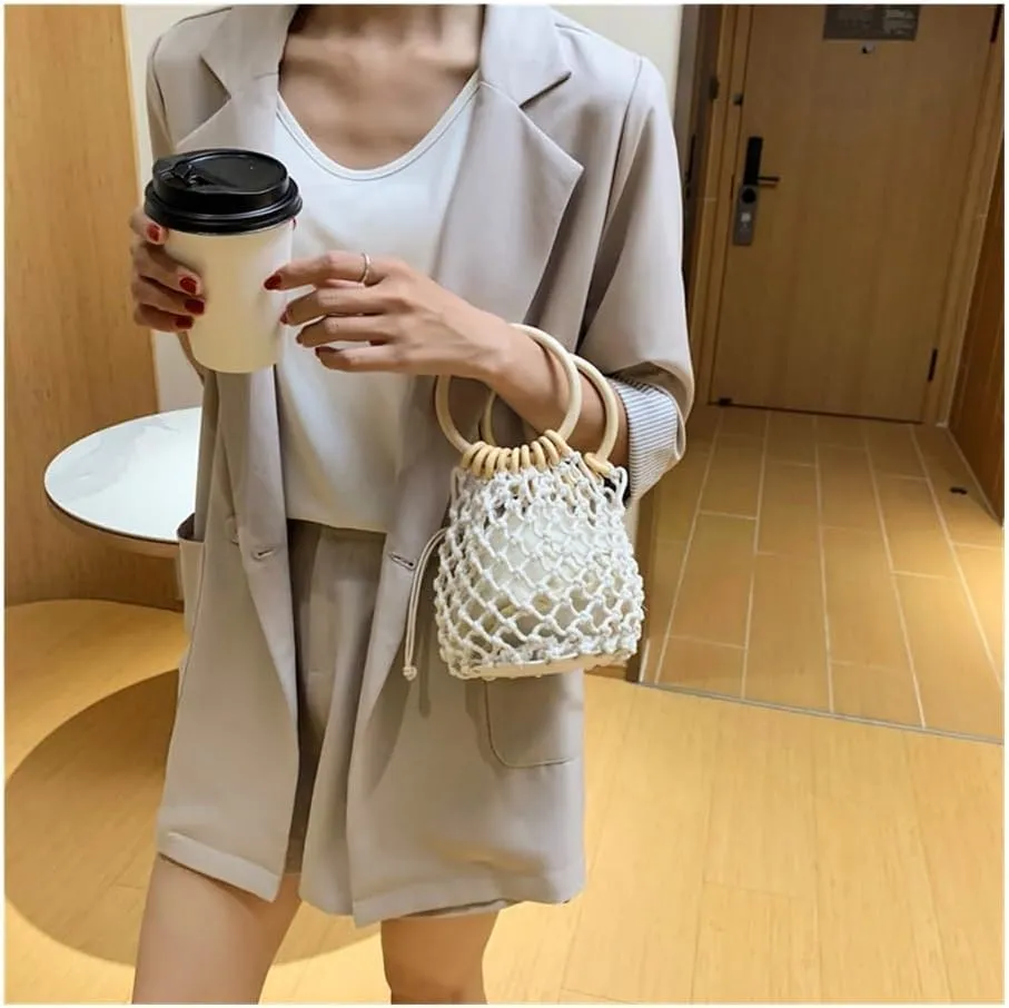Summer Straw Woven Beach Bag Rattan Ladies Purses Handbag Wrist Pack Women Handle Female Bucket Tote Bags Knit Travel Bags