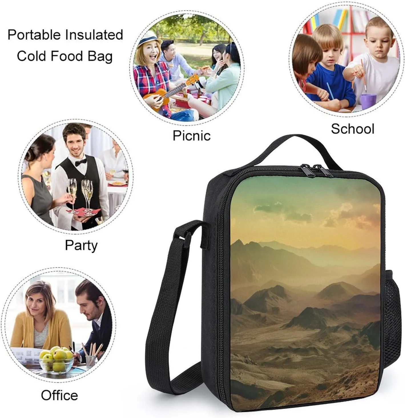 Sunset in Valley Lunch Bag for Women Men Lunch Box with Front Pocket Insulated Lunch Tote Bag for Office Work