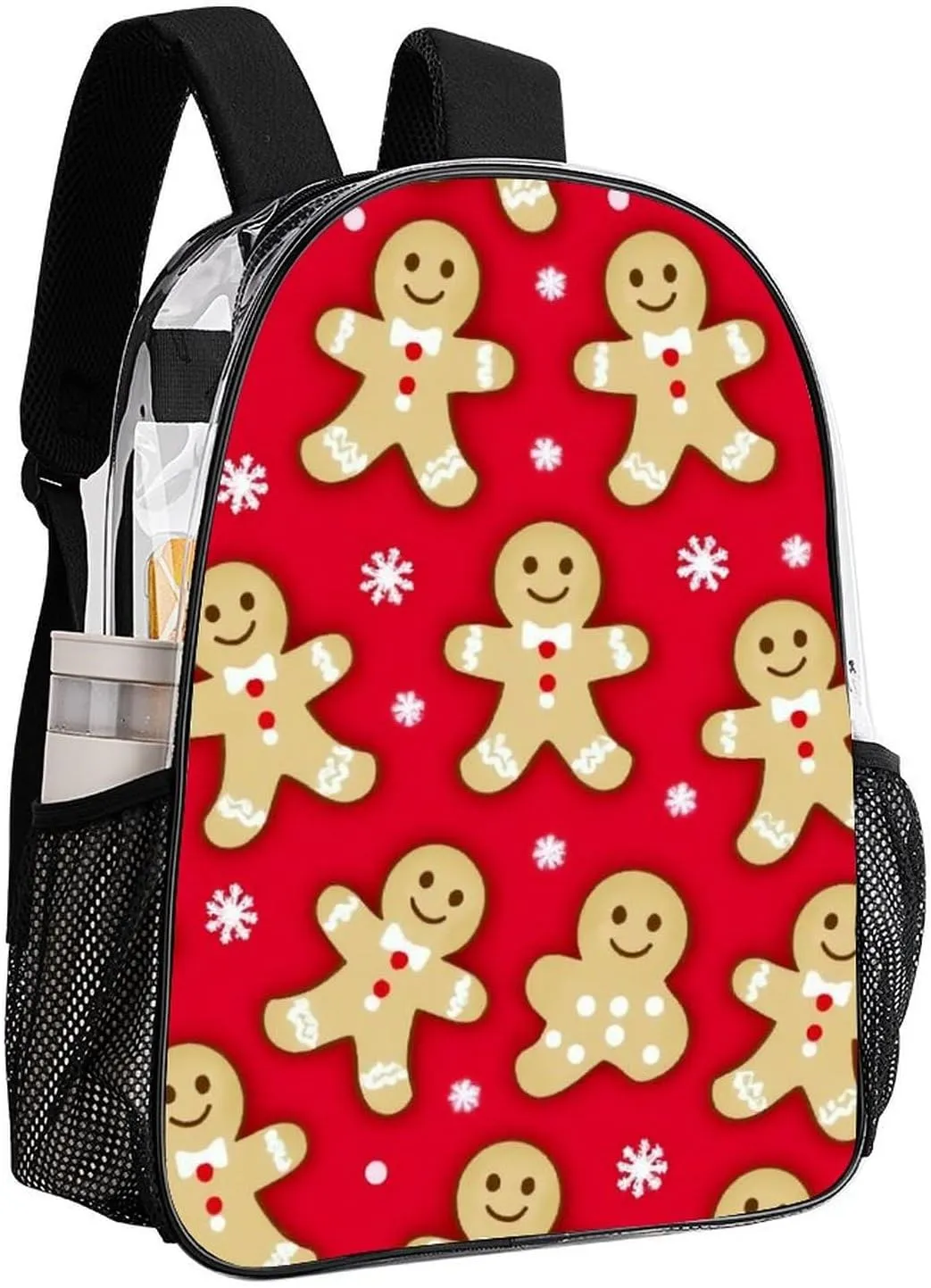 Supdreamc Men Women Transparent Christmas Red Polka Dots Snowflakes Gingerbread Cookies Casual Daypack Large Capacity Carry On Bag With Adjustable Shoulder Straps for Camping Work Running