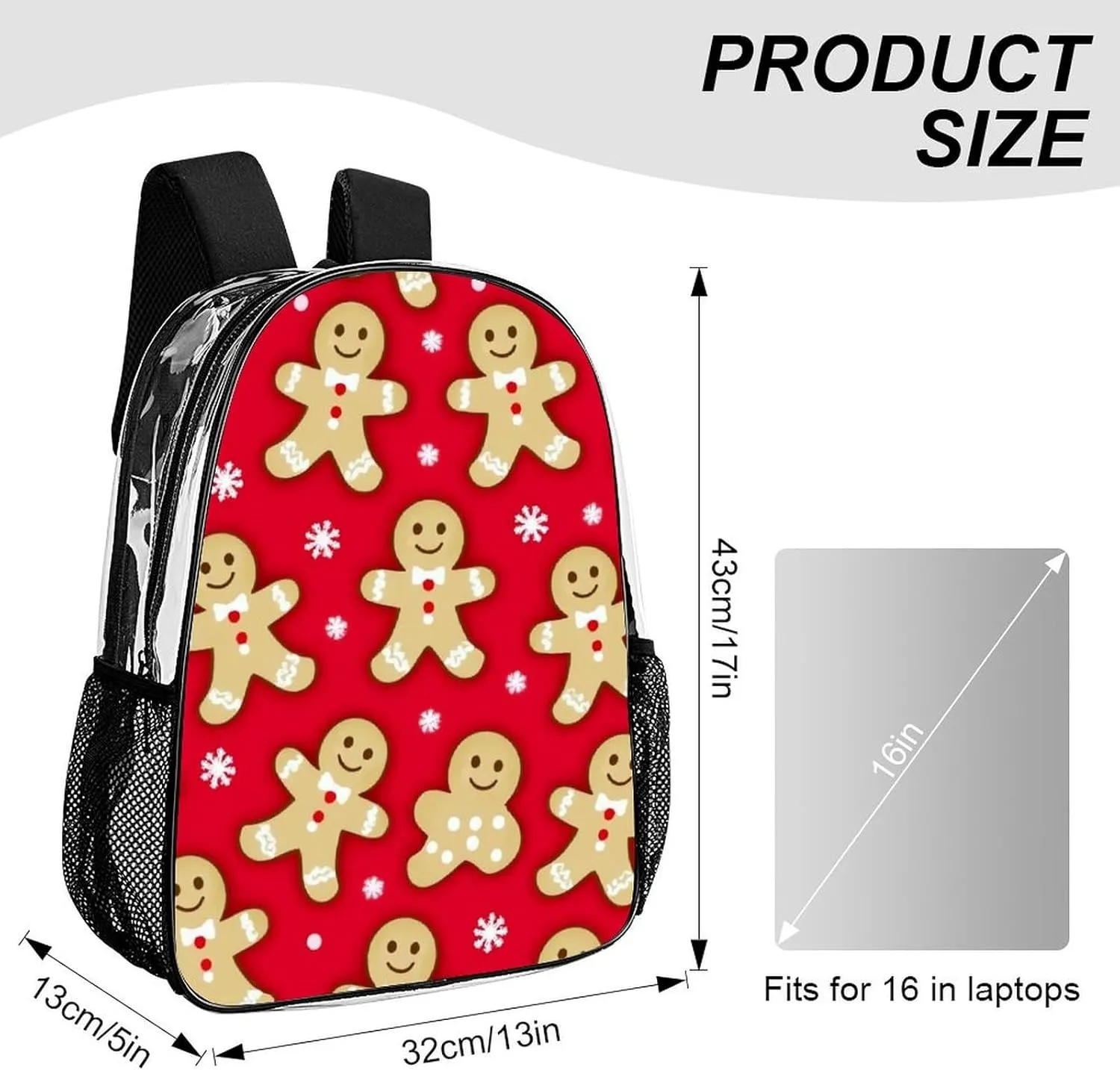 Supdreamc Men Women Transparent Christmas Red Polka Dots Snowflakes Gingerbread Cookies Casual Daypack Large Capacity Carry On Bag With Adjustable Shoulder Straps for Camping Work Running
