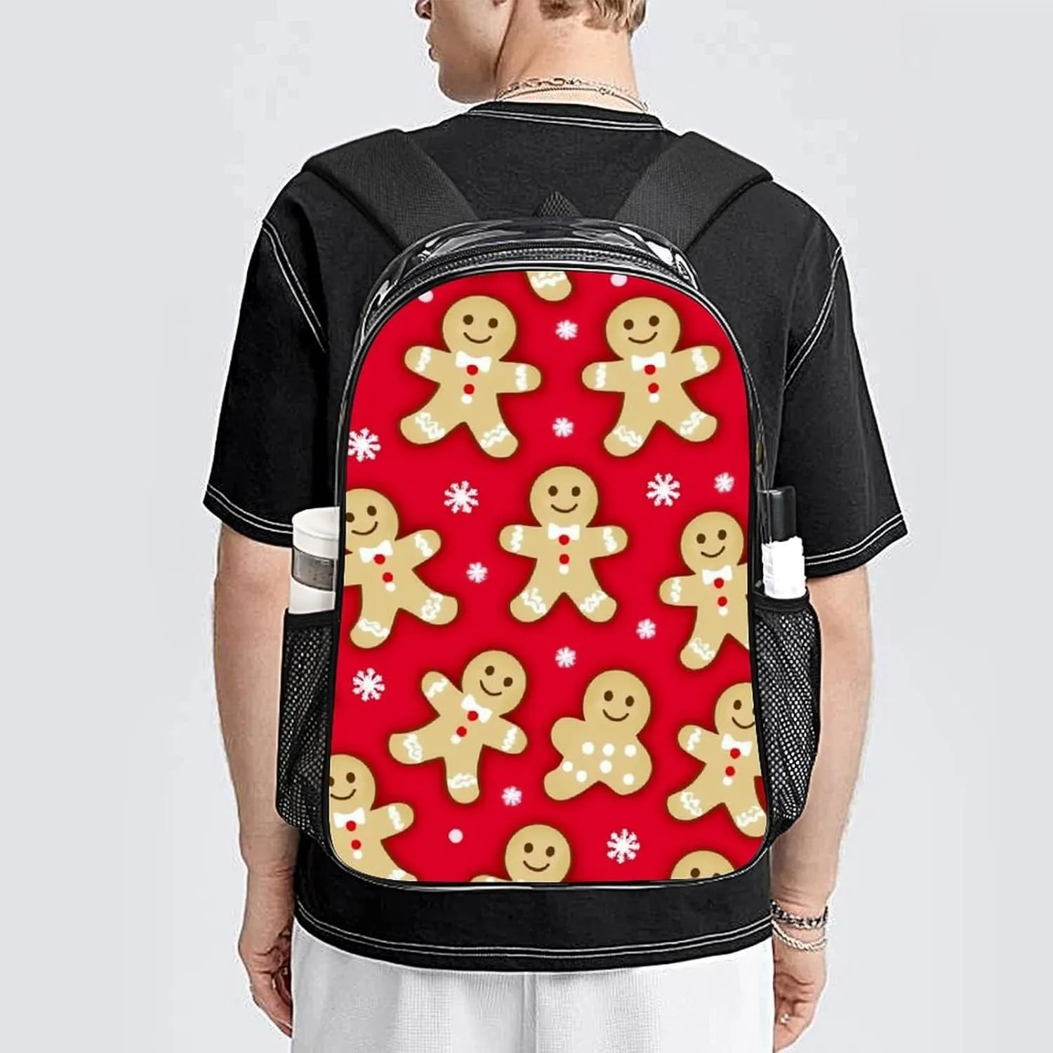 Supdreamc Men Women Transparent Christmas Red Polka Dots Snowflakes Gingerbread Cookies Casual Daypack Large Capacity Carry On Bag With Adjustable Shoulder Straps for Camping Work Running