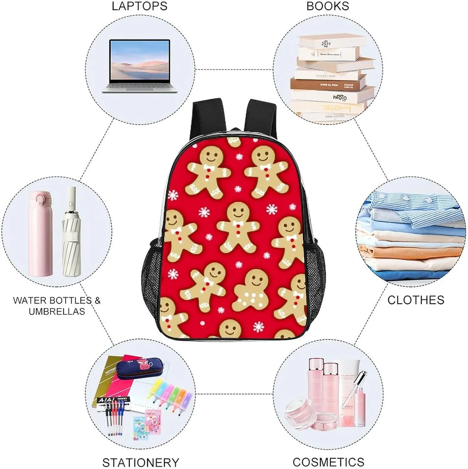 Supdreamc Men Women Transparent Christmas Red Polka Dots Snowflakes Gingerbread Cookies Casual Daypack Large Capacity Carry On Bag With Adjustable Shoulder Straps for Camping Work Running