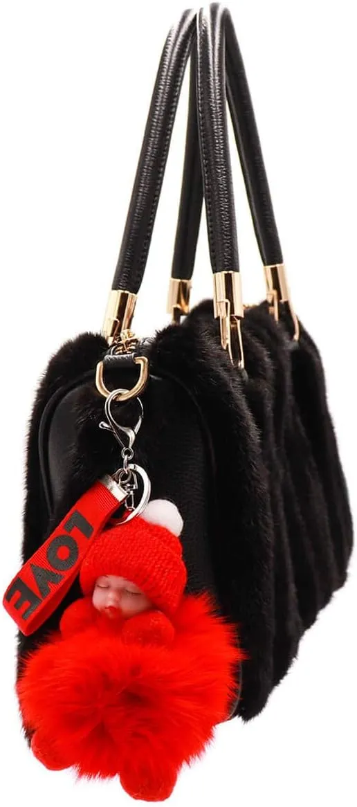 surell Genuine Fox Fur Baby Keychain - Soft Fluffy Pom-Pom Charm for Bags and Purses - Luxury Gold Ring Accessory