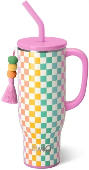 Swig Life 30oz Mega Mug, 30 oz Tumbler with Handle and Straw, Cup Holder Friendly, Dishwasher Safe, Extra Large Insulated Tumbler, Stainless Steel Checkered Water Bottle (Check Mate)