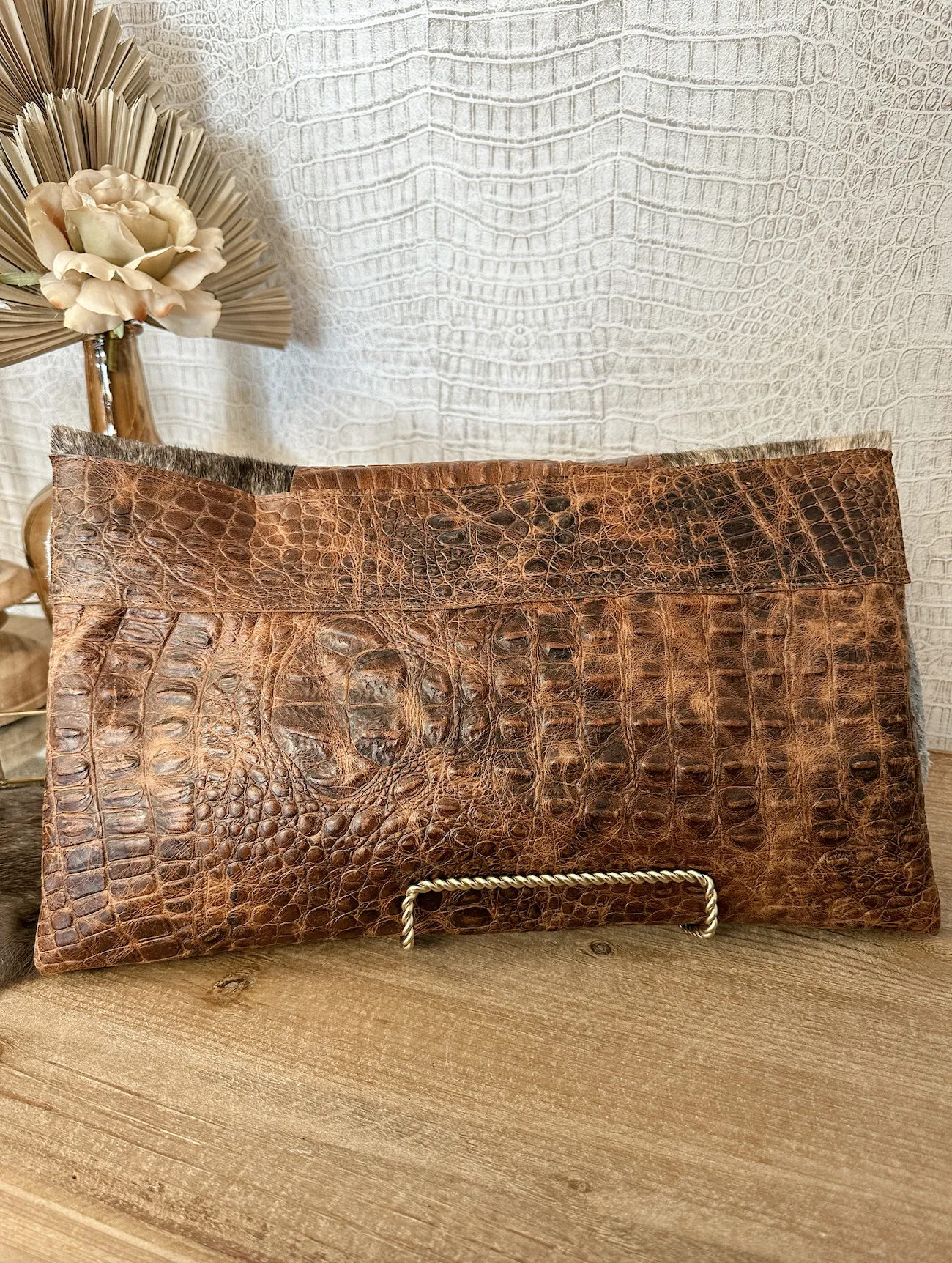 Tan Croc and Brindle Hide Clutch/Crossbody