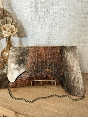 Tan Croc and Brindle Hide Clutch/Crossbody