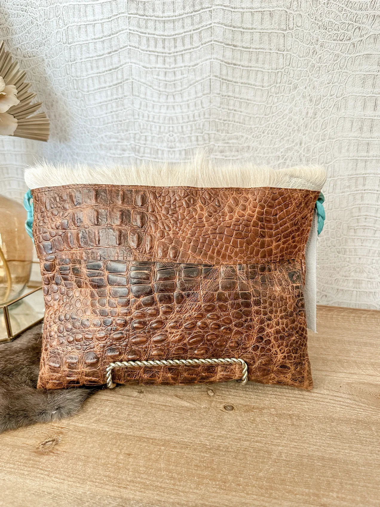 Tan Croc with Cream Hide Clutch/Crossbody