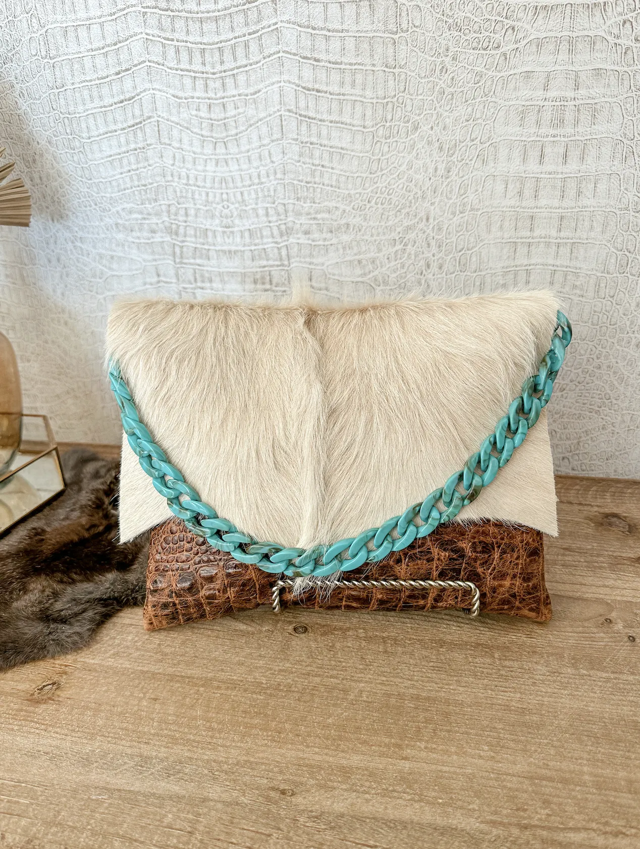 Tan Croc with Cream Hide Clutch/Crossbody