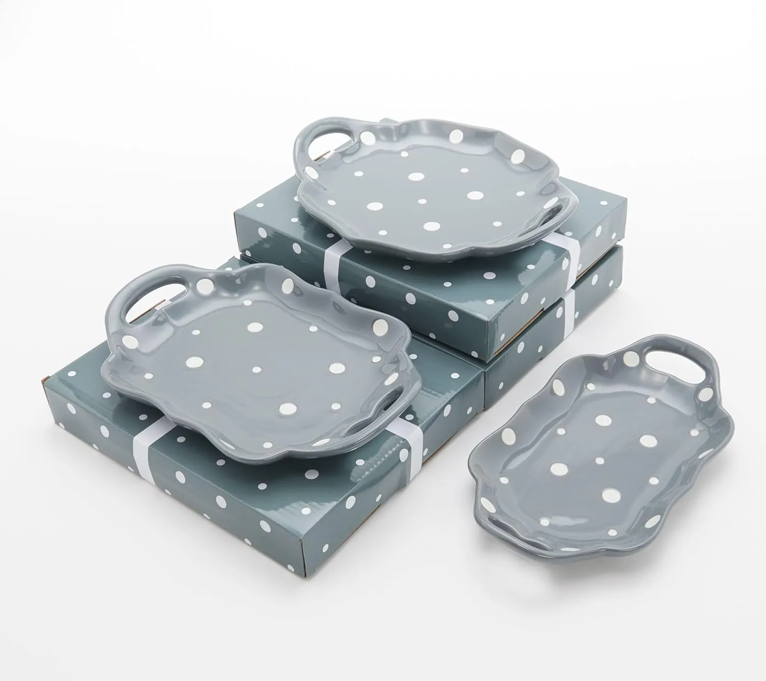 Temp-tations Set-of-3 Sculpted 10" Mini Platters with Gift Boxes, Small Serving Trays (Polka Dot Gray)