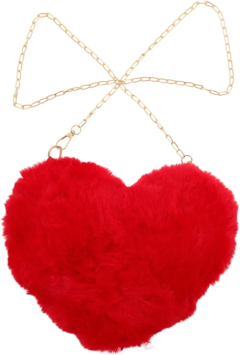 TENDYCOCO Heart Shaped Clutch Purse Faux Fur Shoulder Bag Crossbody Bag Fluffy Handbag