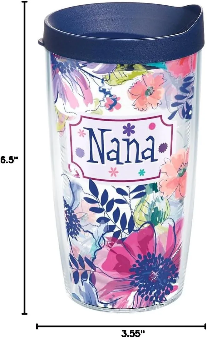 Tervis Blue Line Floral Nana Plastic Tumbler with Wrap and Navy Lid 16oz, Clear