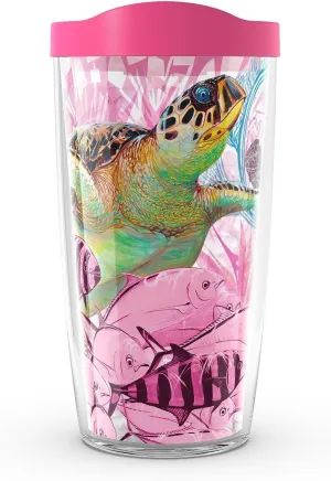 Tervis Guy Harvey Made in USA Double Walled Insulated Tumbler Travel Cup Keeps Drinks Cold & Hot, 16oz - Classic, Breast Cancer Awareness Turtles