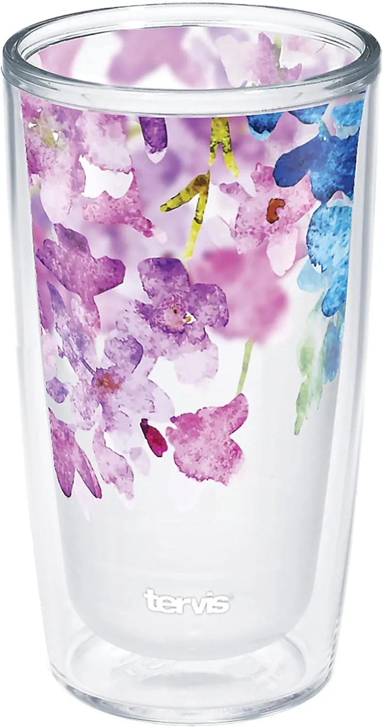 Tervis Made in USA Double Walled Watercolor Floral Purple - Crystal Insulated Tumbler Cup Keeps Drinks Cold & Hot, 16oz, Watercolor Lilacs