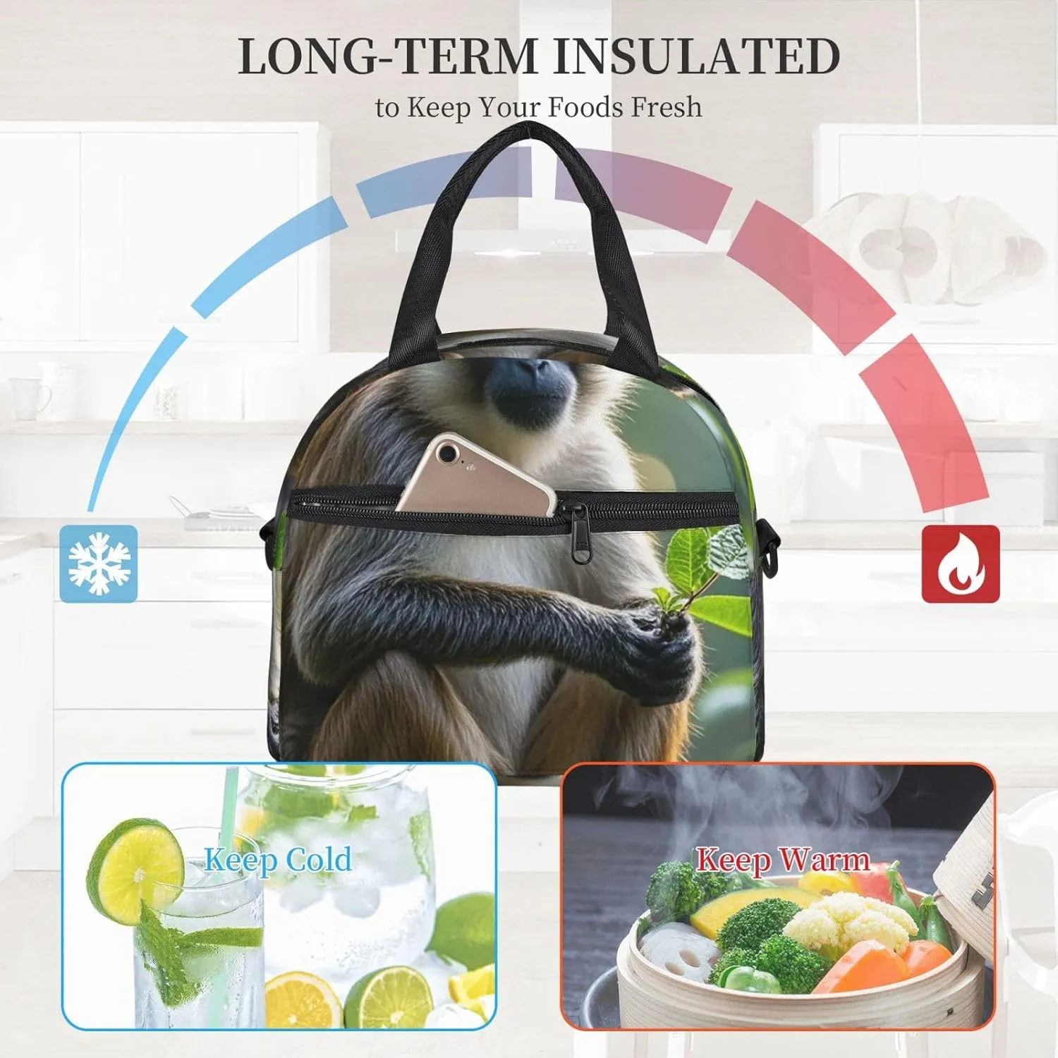 The silent monkey Lunch Bag for Women Men Lunch Box with Front Pocket Insulated Lunch Tote Bag for Office Work