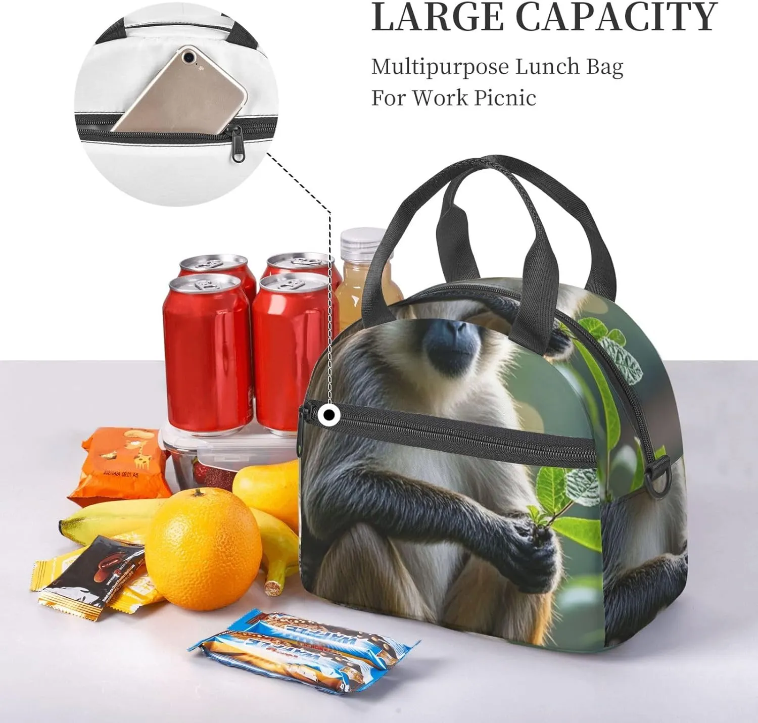 The silent monkey Lunch Bag for Women Men Lunch Box with Front Pocket Insulated Lunch Tote Bag for Office Work