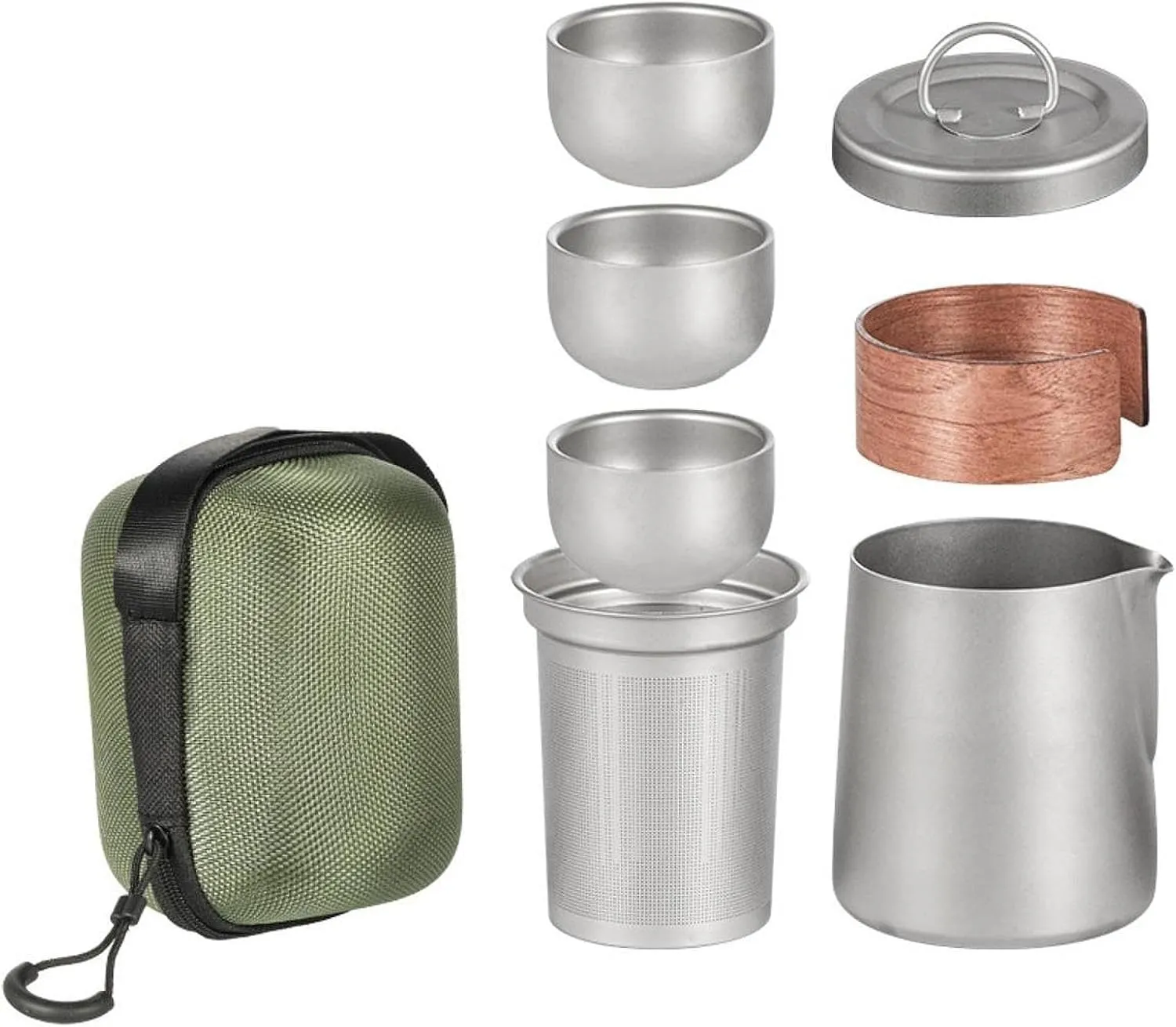 Titanium Tea Set with 3 Teacups Portable with Mesh Cups Travel Teapot Cup for Hiking Home Picnic Camping Traveling, with Handle Cover