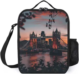 Tower Bridge The Sunset London England UK Insulated Lunch Bag Reusable Lunch Box Tote Bag Container with Adjustable Shoulder Strap