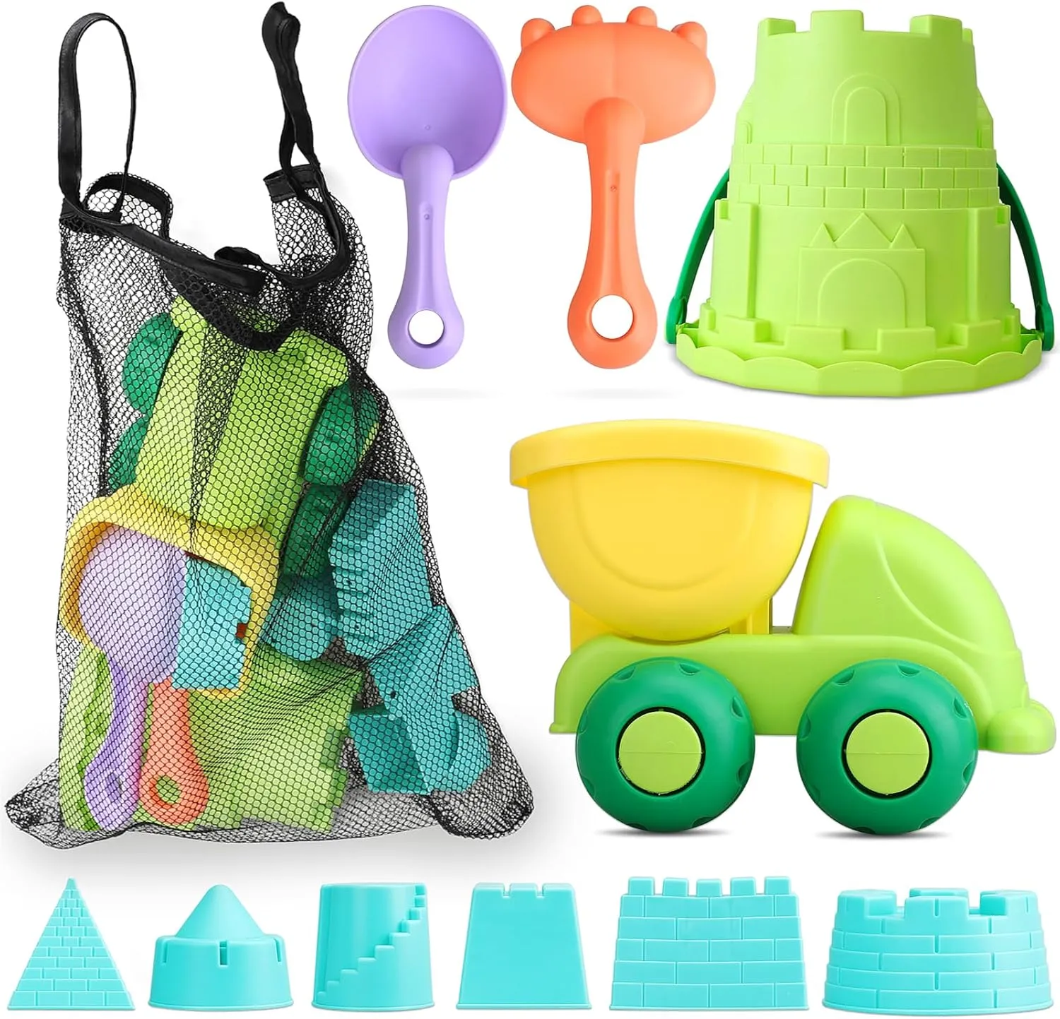TOY Life Beach Toys for Toddlers Age 3-5, Sandbox Toy Building Sets with Sand Bucket Dump Truck and Waterproof Mesh Bag, Travel Sand Castle Toys for Kids